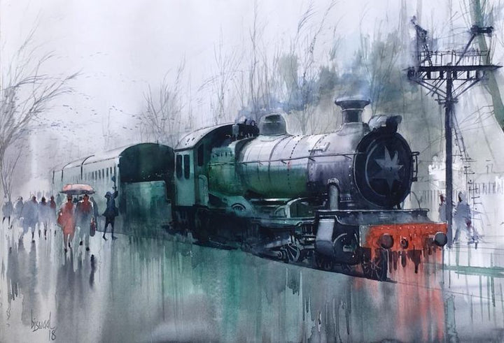 Cityscape watercolor painting titled 'Wet Platform 21', 22x30 inches, by artist Bijay Biswaal on Paper