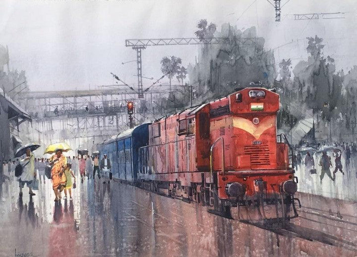 Cityscape watercolor painting titled 'Wet Platform 31', 22x30 inches, by artist Bijay Biswaal on Paper