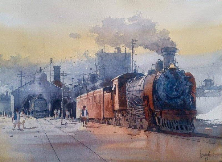 Cityscape watercolor painting titled 'Wet Platform 32', 22x30 inches, by artist Bijay Biswaal on Paper