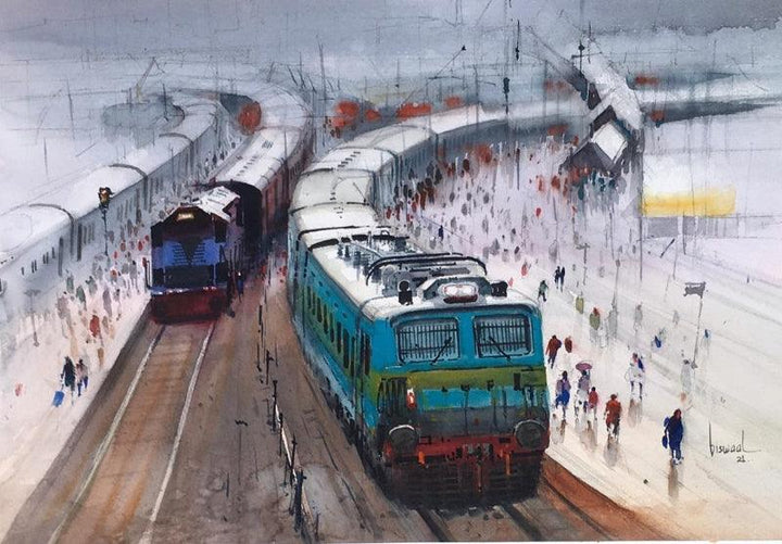 Cityscape watercolor painting titled 'Wet Platform 35', 14x22 inches, by artist Bijay Biswaal on Paper