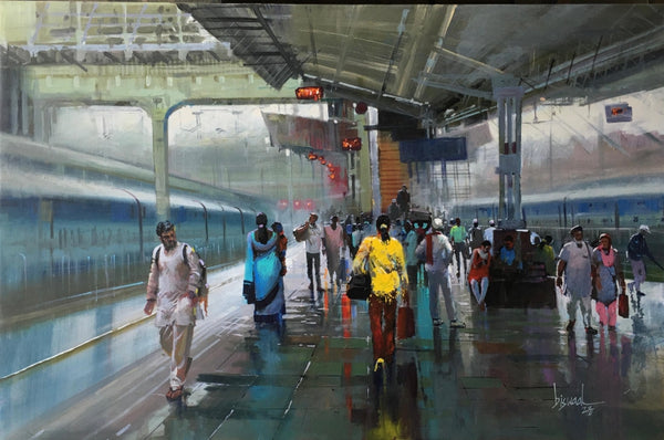 Cityscape acrylic painting titled 'Wet Platform 51', 24x36 inch, by artist Bijay Biswaal on Canvas