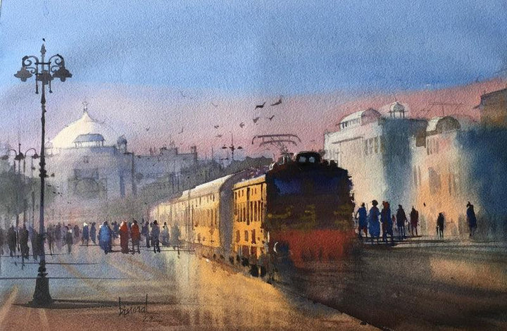 Cityscape watercolor painting titled 'Wet Platform 51', 14x20 inches, by artist Bijay Biswaal on Paper