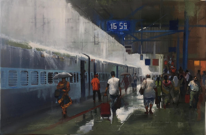 Cityscape oil painting titled 'Wet Platform 52', 24x36 inch, by artist Bijay Biswaal on Linen