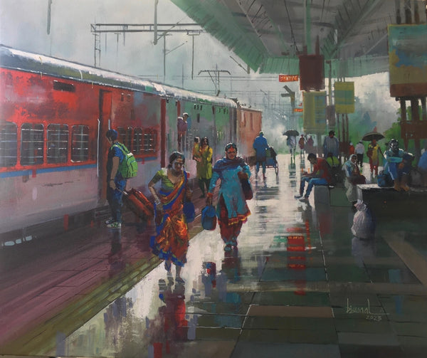 Cityscape acrylic painting titled 'Wet Platform 53', 30x36 inch, by artist Bijay Biswaal on Canvas