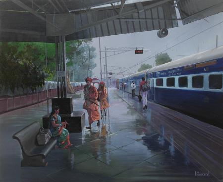 Scenic acrylic painting titled 'Wet Platform', 29x22 inches, by artist Bijay Biswaal on Canvas