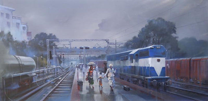 Cityscape acrylic painting titled 'Wet Platform Baroda', 36x72 inches, by artist Bijay Biswaal on Canvas