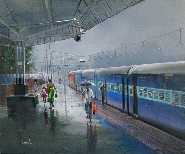 Cityscape acrylic painting titled 'Wet Platform Bhatapara', 30x36 inches, by artist Bijay Biswaal on Canvas