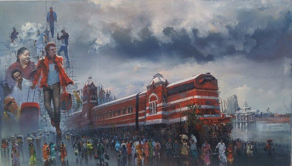 Cityscape acrylic painting titled 'Wet Platform Chennai', 48x84 inches, by artist Bijay Biswaal on Canvas