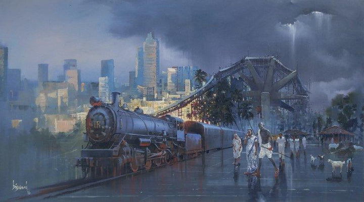 Cityscape acrylic painting titled 'Wet Platform Gandhi', 48x84 inches, by artist Bijay Biswaal on Canvas