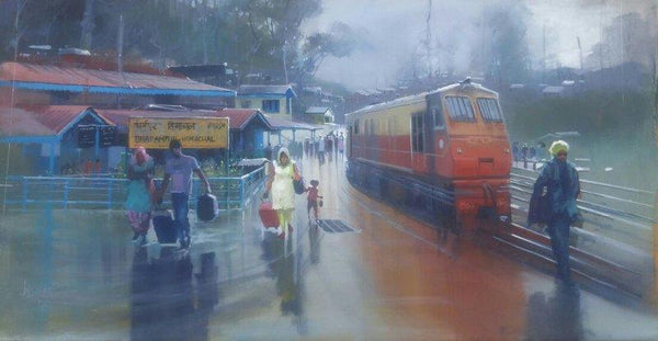 Cityscape acrylic painting titled 'Wet Platform Himanchal', 20x36 inches, by artist Bijay Biswaal on Canvas