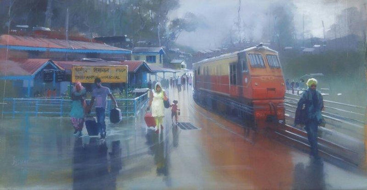 Cityscape acrylic painting titled 'Wet Platform Himanchal', 20x36 inches, by artist Bijay Biswaal on Canvas