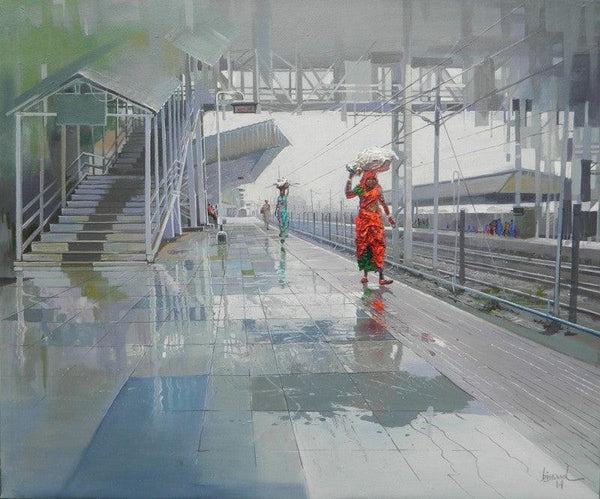 Cityscape acrylic painting titled 'Wet Platform III', 36x30 inches, by artist Bijay Biswaal on Canvas