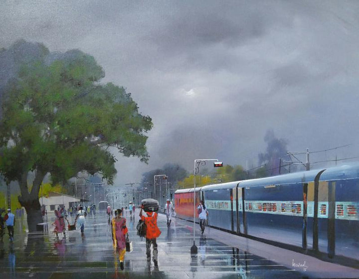 Cityscape acrylic painting titled 'Wet Platform IX', 30x36 inches, by artist Bijay Biswaal on Canvas