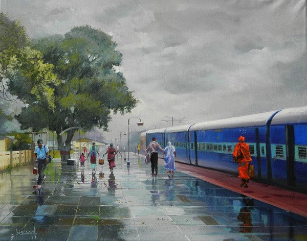 Cityscape acrylic painting titled 'Wet Platform Korba', 24x30 inches, by artist Bijay Biswaal on Canvas