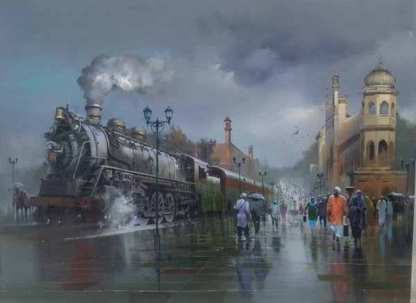 Cityscape acrylic painting titled 'Wet Platform Lucknow', 36x48 inches, by artist Bijay Biswaal on Canvas