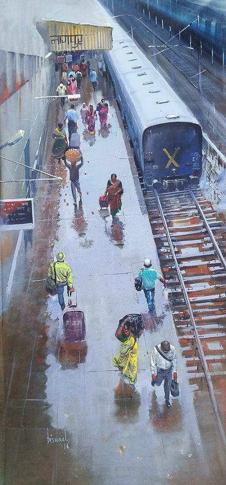 Cityscape acrylic painting titled 'Wet Platform Nagpur', 43x20 inches, by artist Bijay Biswaal on Canvas