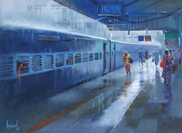 Cityscape acrylic painting titled 'Wet Platform Nagpur II', 30x40 inches, by artist Bijay Biswaal on Canvas