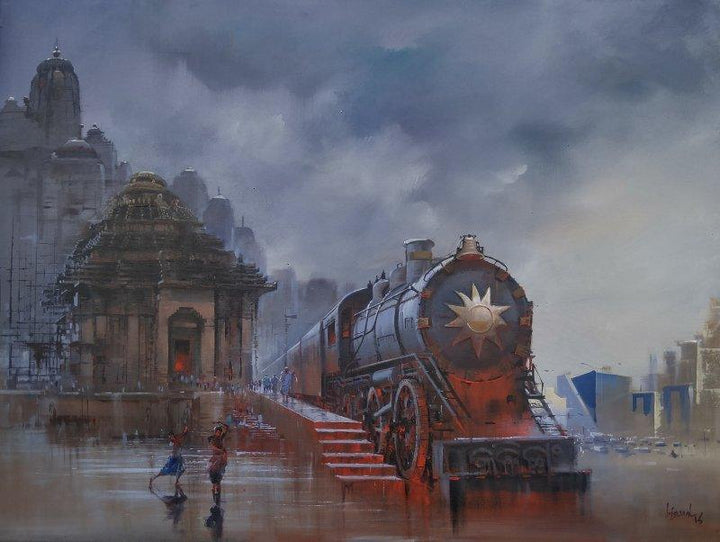 Cityscape acrylic painting titled 'Wet Platform Odhisa', 36x48 inches, by artist Bijay Biswaal on Canvas