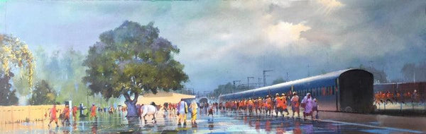 Cityscape acrylic painting titled 'Wet Platform Panorama', 48x15 inches, by artist Bijay Biswaal on Canvas