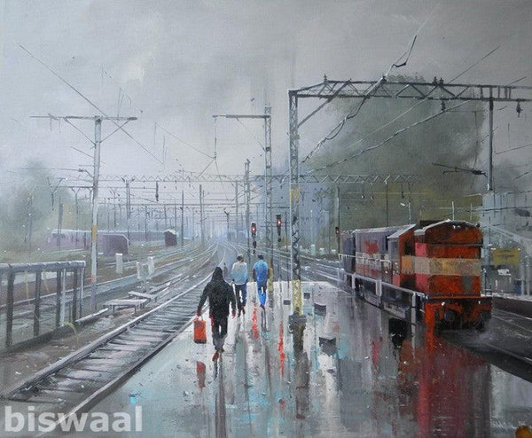 Cityscape acrylic painting titled 'Wet Platform Pune', 30x36 inches, by artist Bijay Biswaal on Canvas