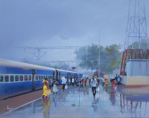 Cityscape acrylic painting titled 'Wet Platform Rajnandgaon', 30x36 inches, by artist Bijay Biswaal on Canvas