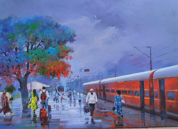 Cityscape acrylic painting titled 'Wet Platform Red', 48x36 inches, by artist Bijay Biswaal on Canvas