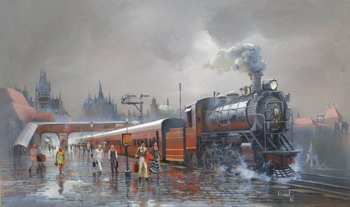 Cityscape acrylic painting titled 'Wet Platform Retro 1970', 36x60 inches, by artist Bijay Biswaal on Canvas