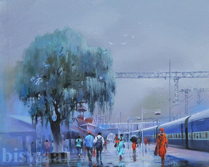 Cityscape acrylic painting titled 'Wet Platform V', 36x30 inches, by artist Bijay Biswaal on Canvas