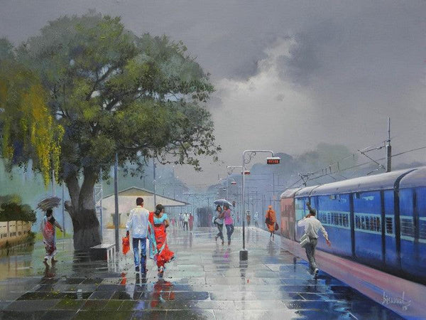 Cityscape acrylic painting titled 'Wet Platform VI', 36x48 inches, by artist Bijay Biswaal on Canvas