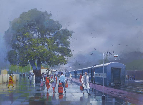 Cityscape acrylic painting titled 'Wet Platform XI', 36x48 inches, by artist Bijay Biswaal on Canvas