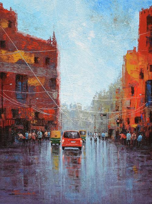 Cityscape acrylic painting titled 'Wet Street', 18x24 inches, by artist Purnendu Mandal on Canvas