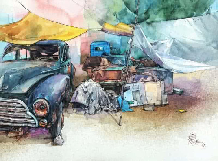 Transportation mixed media painting titled 'Wheels At Rest 1', 11x15 inches, by artist Aditya Phadke on Paper