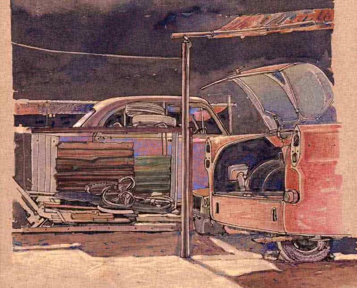 Transportation mixed media painting titled 'Wheels At Rest 11', 8x12 inches, by artist Aditya Phadke on Paper