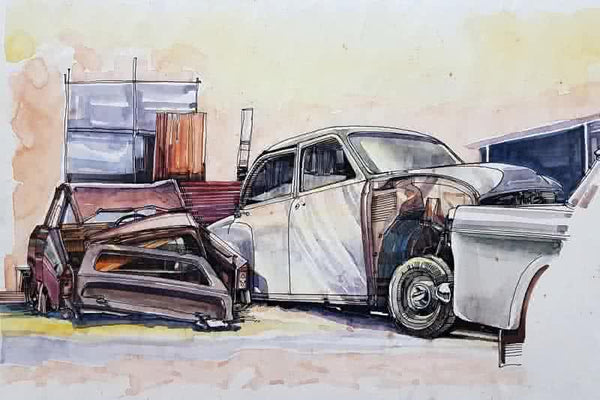 Transportation mixed media painting titled 'Wheels At Rest 12', 8x12 inches, by artist Aditya Phadke on Paper