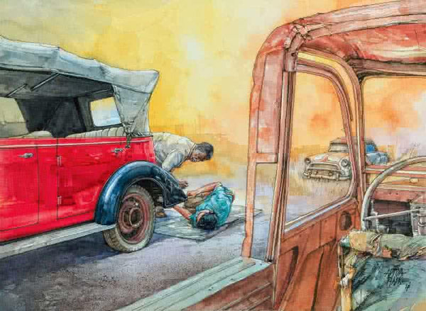 Transportation mixed media painting titled 'Wheels At Rest 3', 11x15 inches, by artist Aditya Phadke on Paper