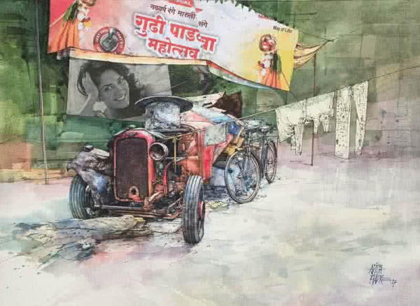 Transportation mixed media painting titled 'Wheels At Rest 4', 11x15 inches, by artist Aditya Phadke on Paper