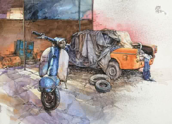 Transportation mixed media painting titled 'Wheels At Rest 5', 11x15 inches, by artist Aditya Phadke on Paper