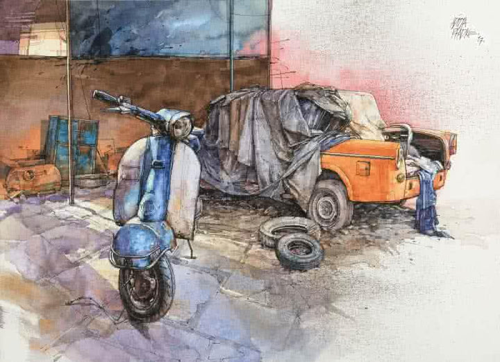 Transportation mixed media painting titled 'Wheels At Rest 5', 11x15 inches, by artist Aditya Phadke on Paper