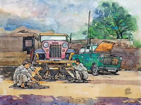 Transportation mixed media painting titled 'Wheels At Rest 6', 8x12 inches, by artist Aditya Phadke on Paper