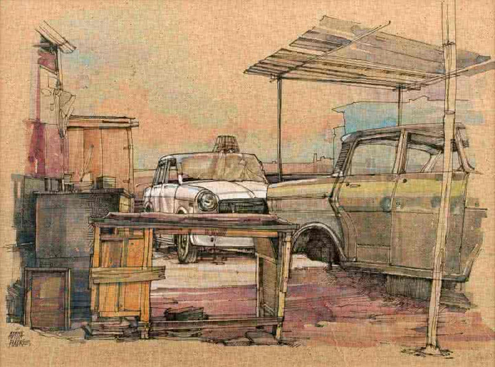 Transportation mixed media painting titled 'Wheels At Rest 7', 8x12 inches, by artist Aditya Phadke on Paper