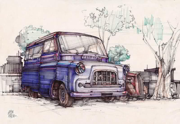 Transportation mixed media painting titled 'Wheels At Rest 8', 8x12 inches, by artist Aditya Phadke on Paper