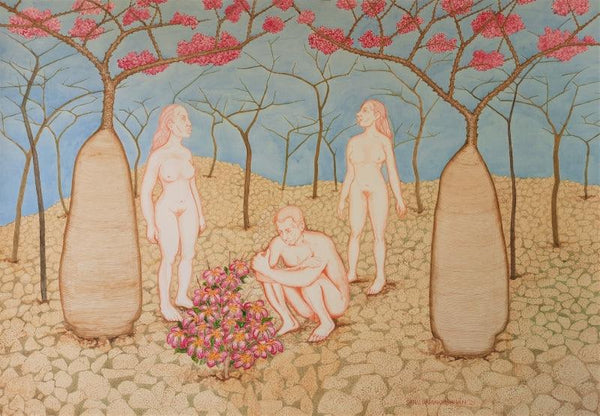 Erotic watercolor painting titled 'When The Plant Flowering Year', 42x60 inches, by artist Sanu Ramakrishnan on Paper