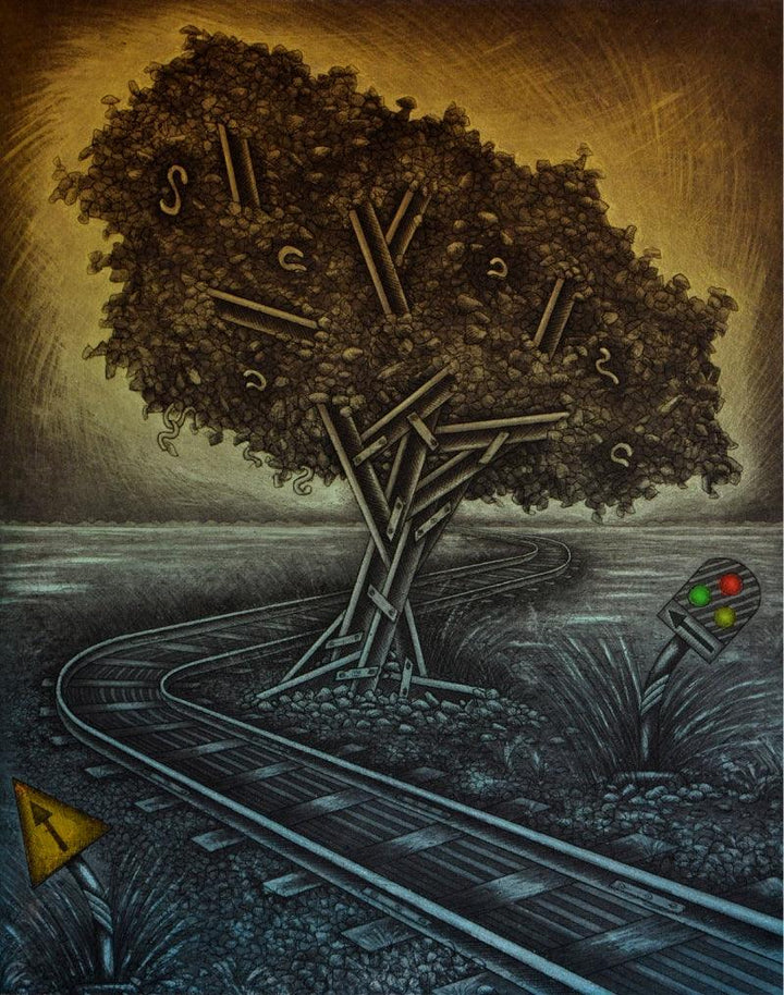 Nature printmaking titled 'When The Track Meets Nature', 17x11 inches, by artist Rahul Dhiman on Paper