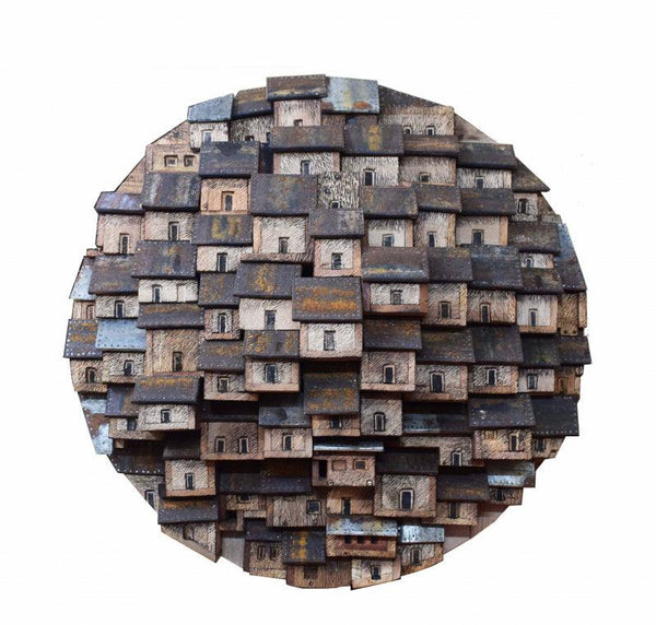 Cityscape sculpture titled 'Where Is My Home', 42x42x10 inches, by artist Nilmoni Chatterjee on Wood, Tin