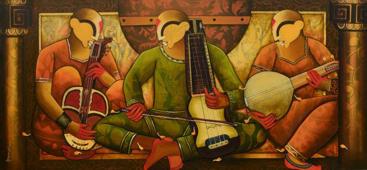 Figurative acrylic painting titled 'Where the Rhythm Takes You', 78x36 inches, by artist Anupam Pal on canvas