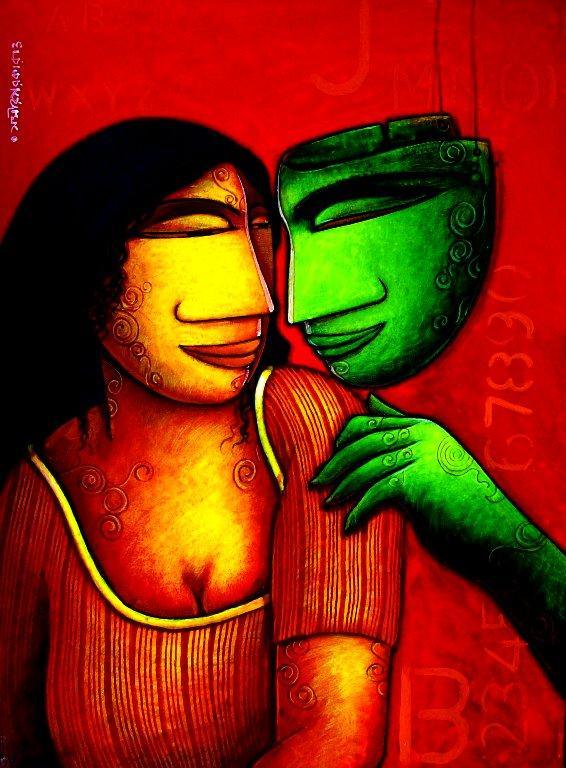 Figurative acrylic painting titled 'Whisper Love', 12x18 inches, by artist Samir Sarkar on Paper