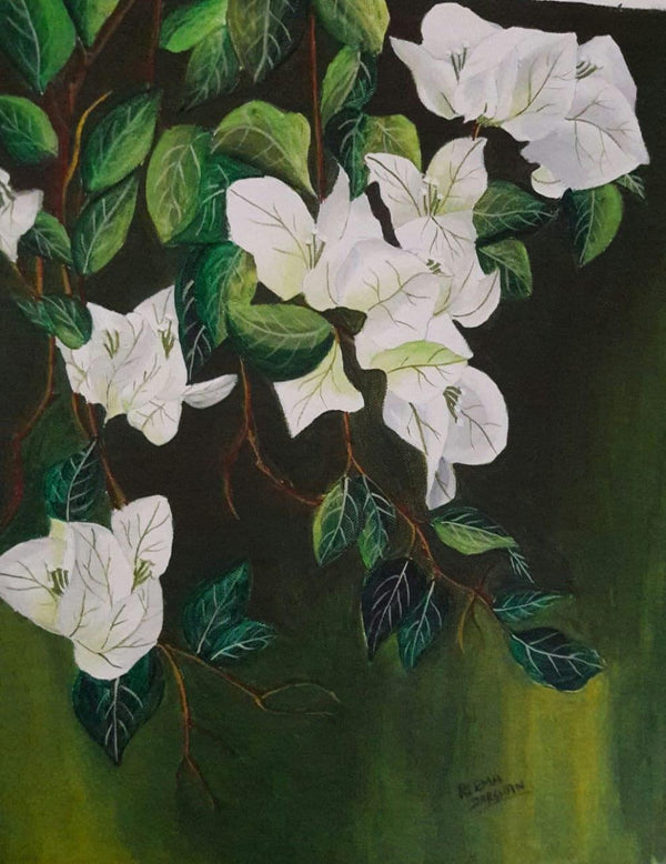 Nature acrylic painting titled 'White Bouganvillea', 16x13 inches, by artist Reema Ravindran on Canvas