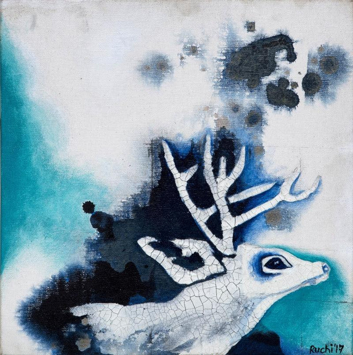 Animals mixed-media painting titled 'White Buck 1', 12x12 inch, by artist Ruchi Singhal on Canvas