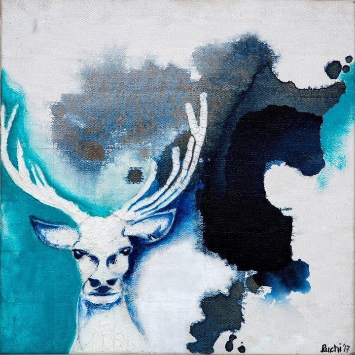 Animals mixed media painting titled 'White Buck 1', 12x12 inches, by artist Ruchi Singhal on Canvas