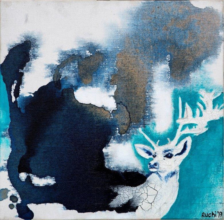 Animals mixed media painting titled 'White Buck 3', 12x12 inches, by artist Ruchi Singhal on Canvas